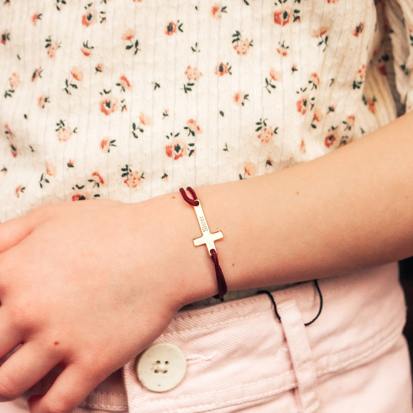 Bracelet cordon personnalisé - croix - Plaqué or