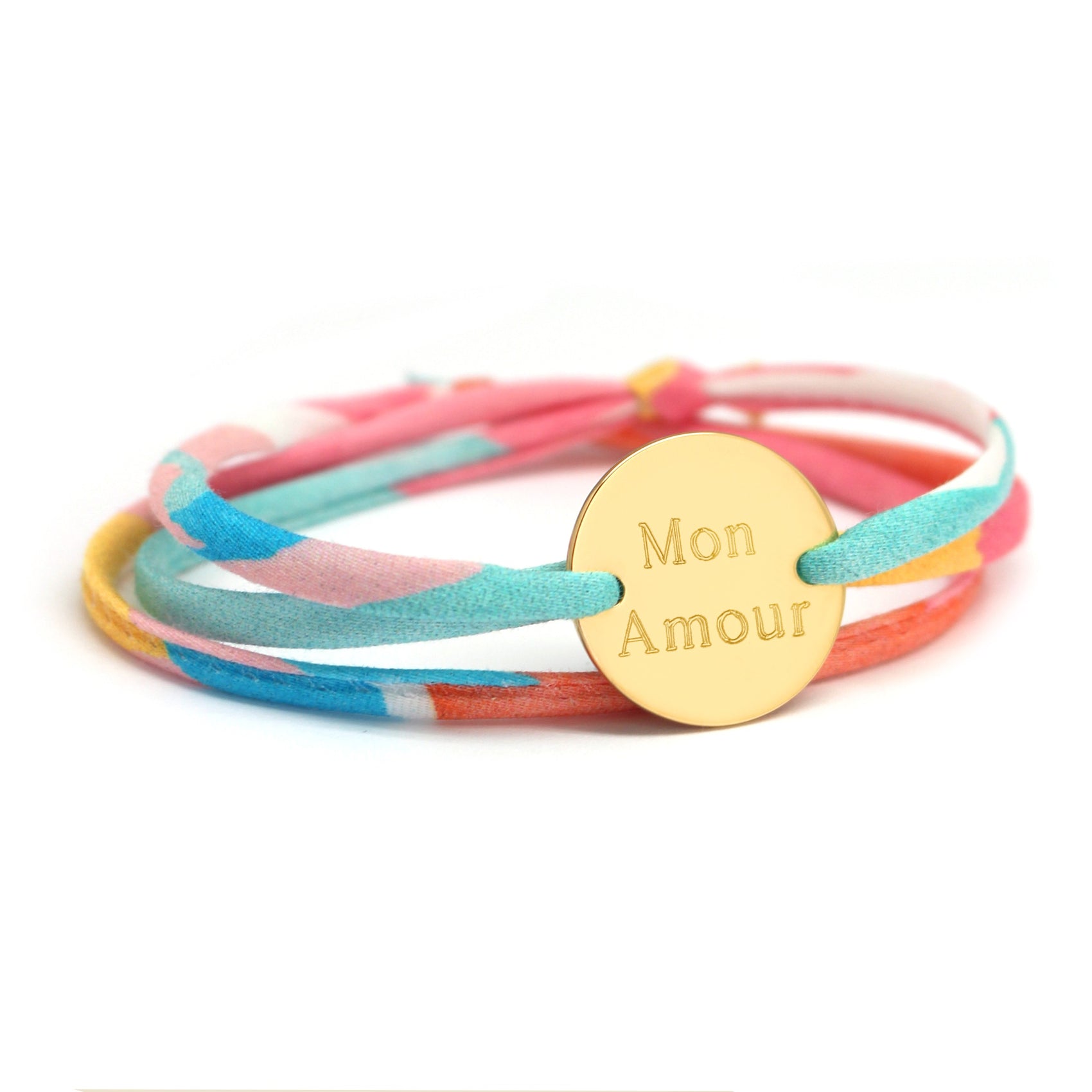 Bracelet personnalisé cordon liberty - médaille family - Plaqué or