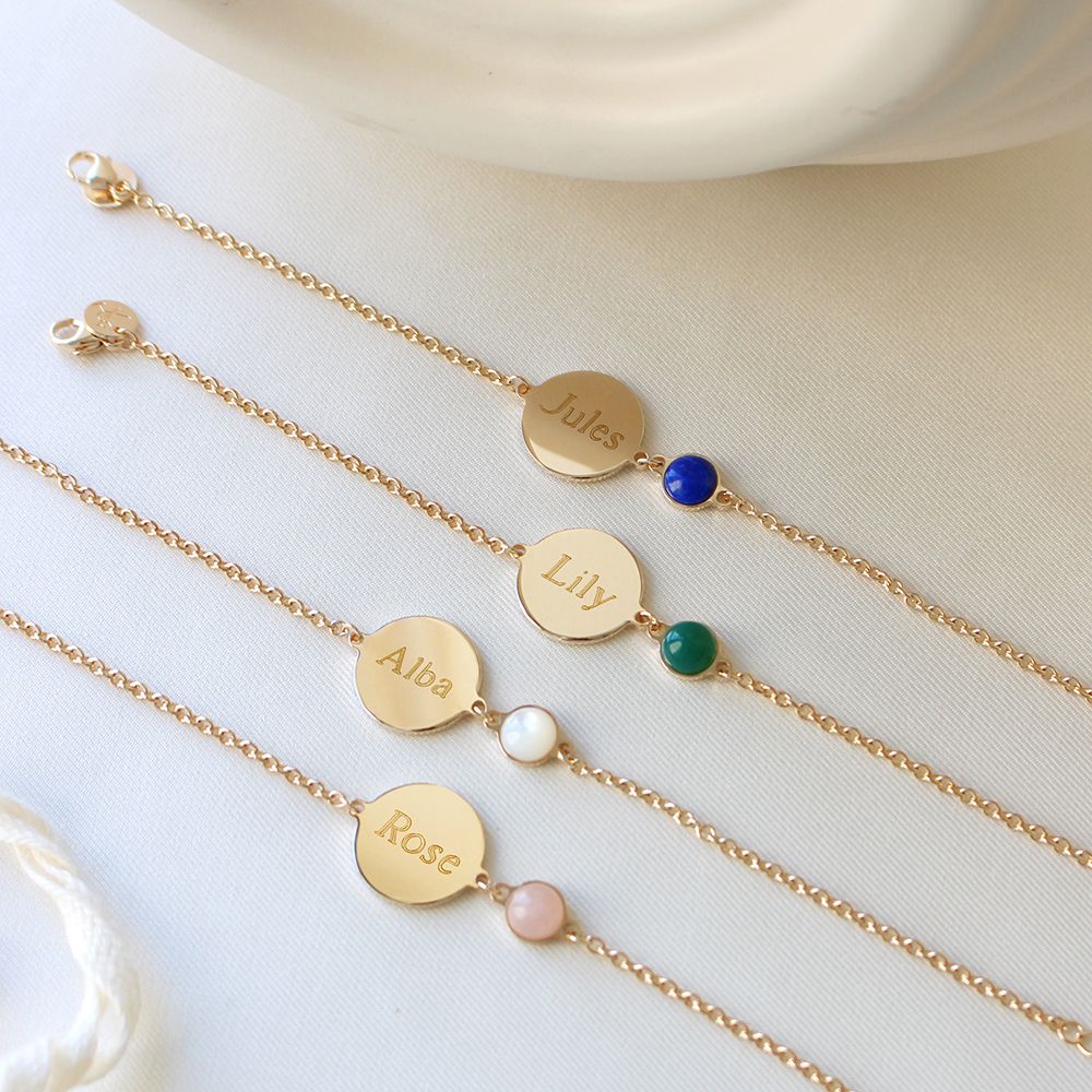 Pulsera de cadena con medalla personalizada - piedra rosa - Baño de oro