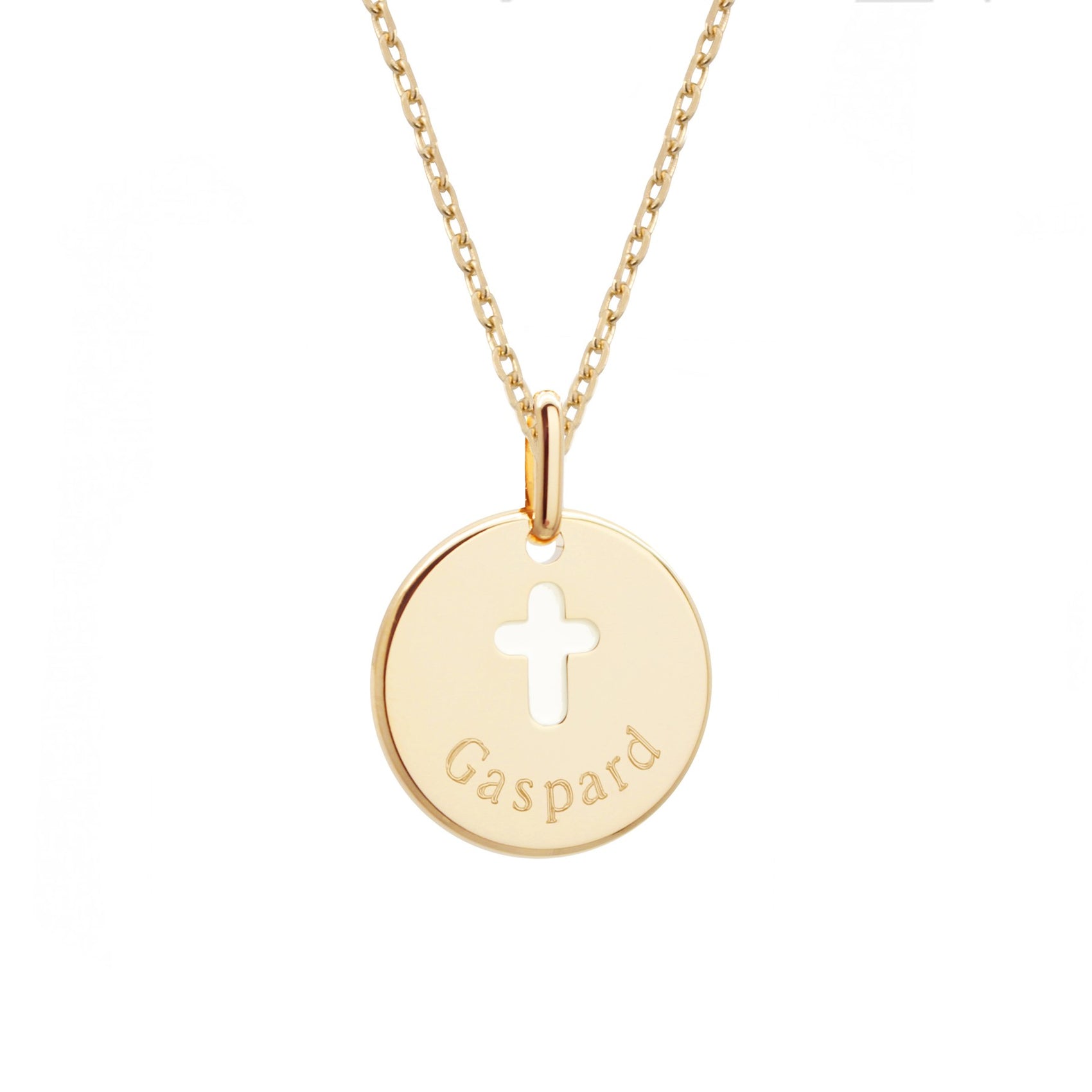 Collier personnalisé médaille croix ivoire - chaine simple - Plaqué or