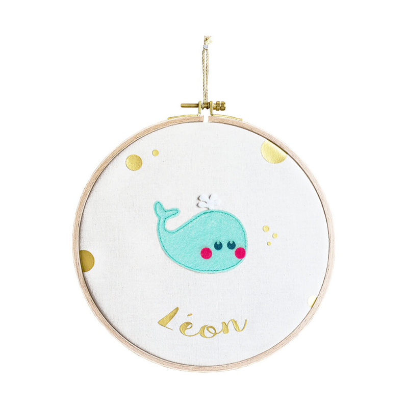 Custom round drum wall frame - Blue Whale design