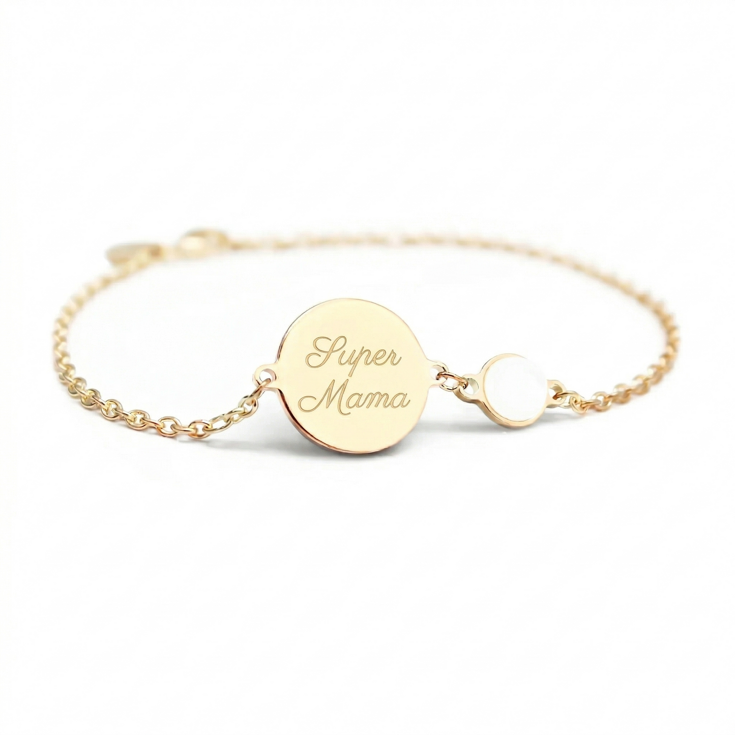Bracelet chaine médaille personnalisé - nacre blanche - Plaqué or