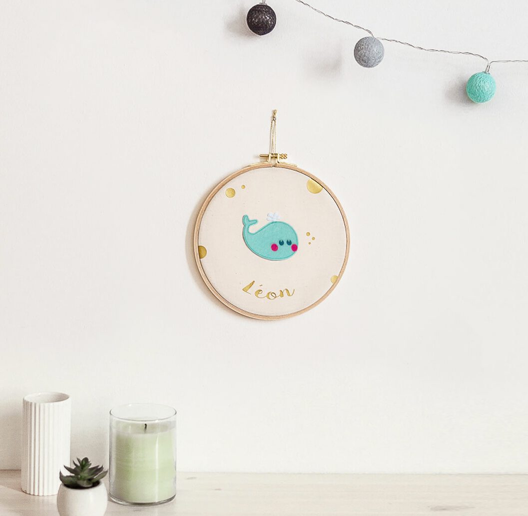 Custom round drum wall frame - Blue Whale design