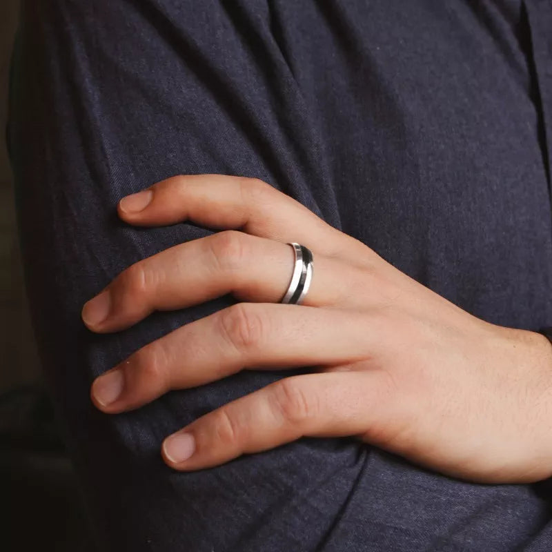 Bague ronde personnalisée anneau noir - homme - acier inoxydable