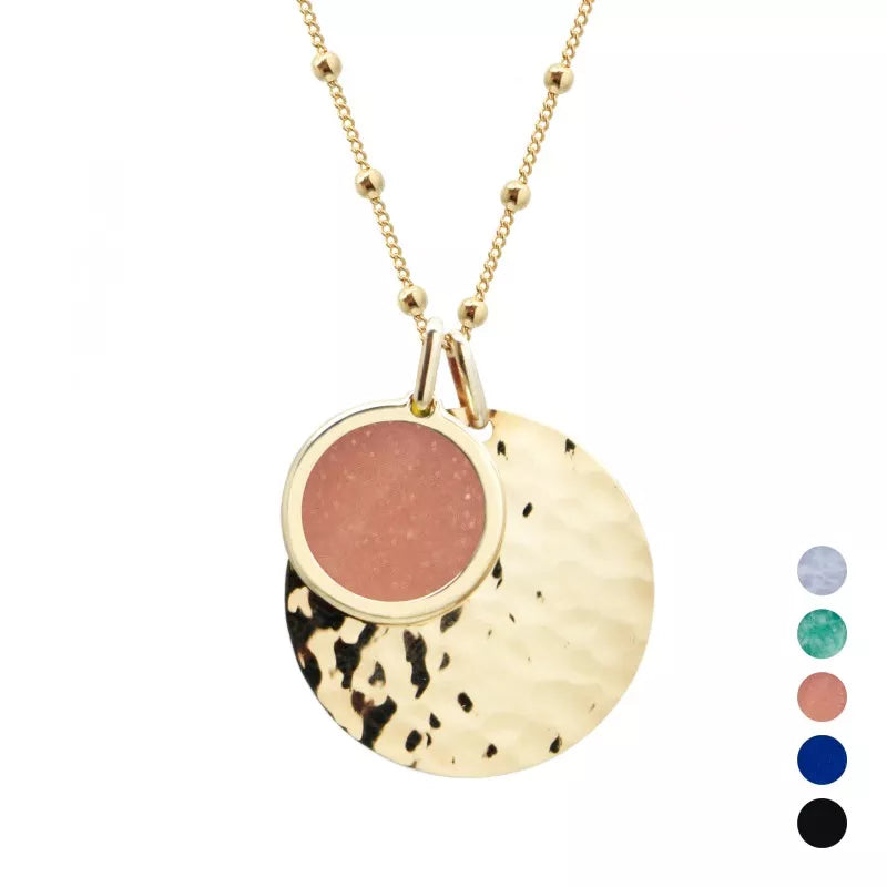 Collier personnalisé médaille martelée - pierre fine - chaine perlée - Plaqué or