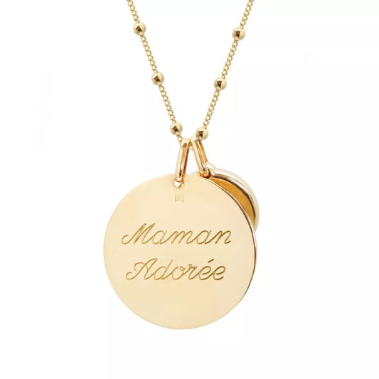 Collier personnalisé médaille martelée - pierre fine - chaine perlée - Plaqué or