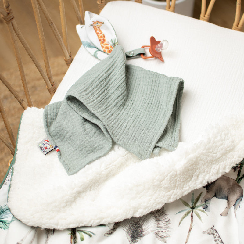 Rabbit comforter with pacifier clip in cotton gauze, Safari