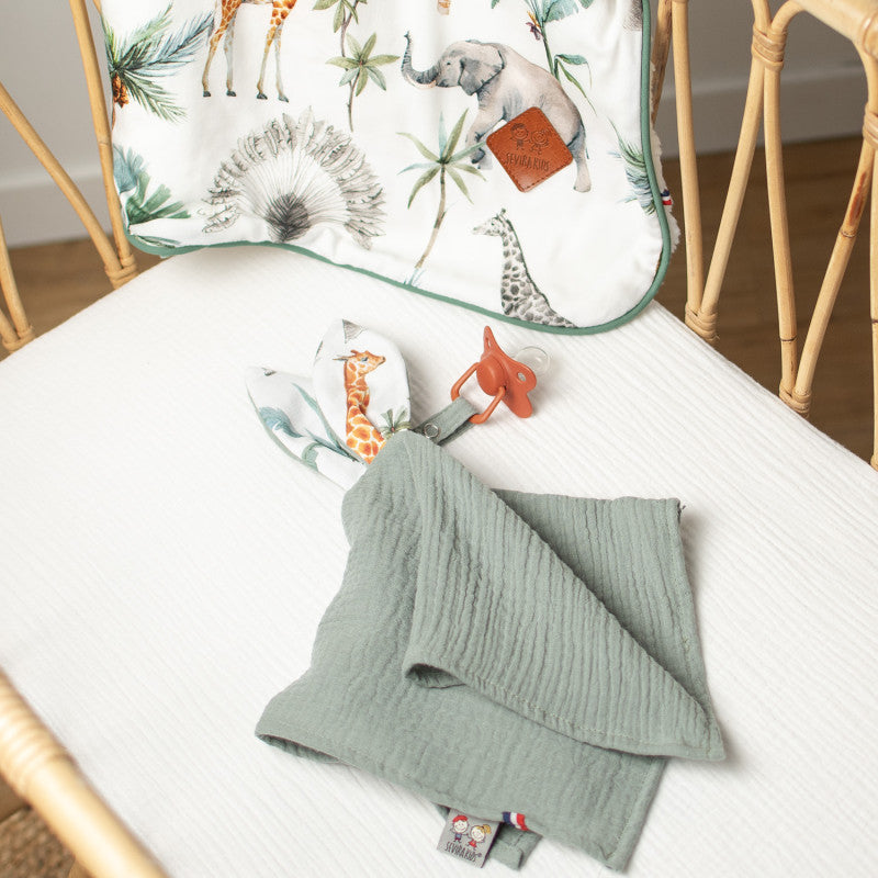 Doudou lapin attache tétine en gaze de coton, Safari