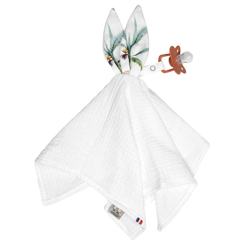 Rabbit comforter with pacifier clip in cotton gauze, Safari