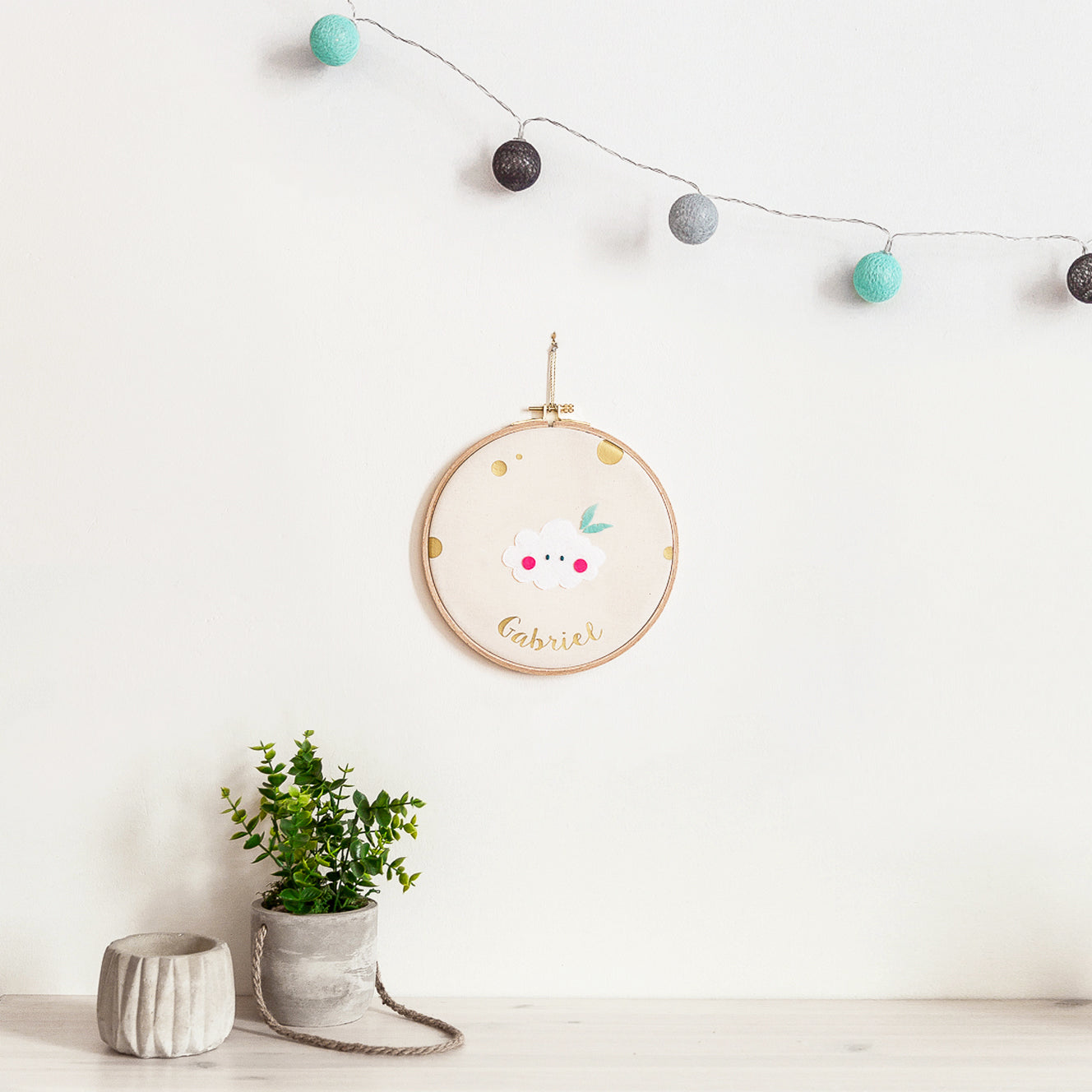 Custom round drum wall frame - Blue Cloud design