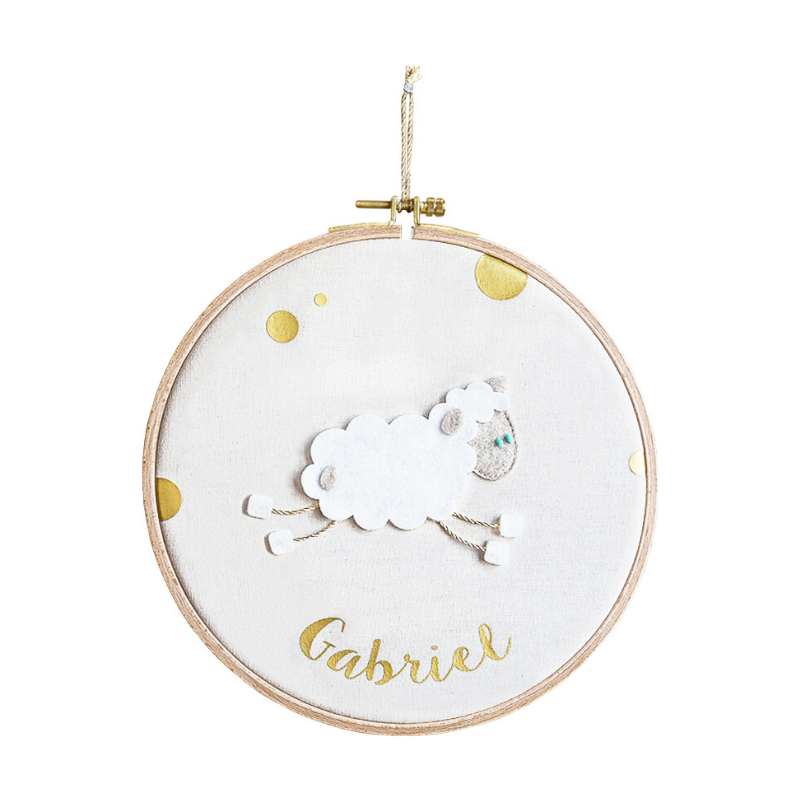 Personalised Round Embroidery Hoop Wall Art - Ecru Sheep Model