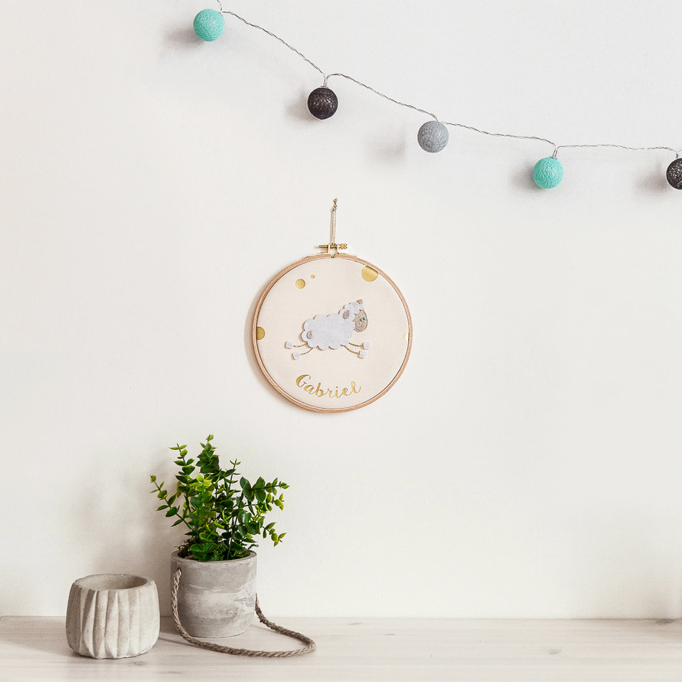 Personalised Round Embroidery Hoop Wall Art - Ecru Sheep Model
